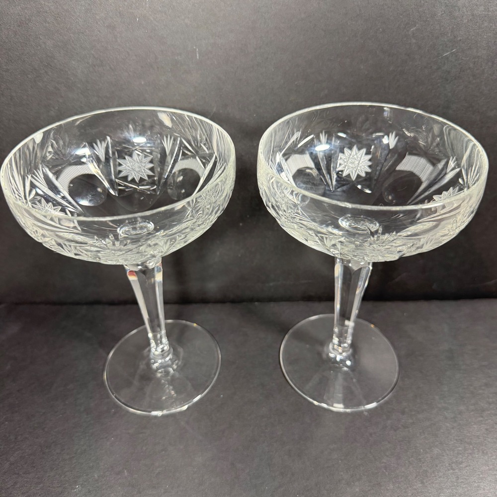 Champagne Coupe Glasses Clear Starburst Cut Pattern Vintage Style Set of 2